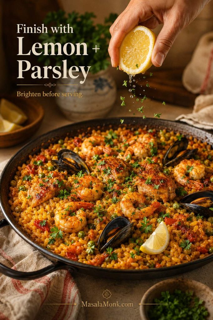 Lemon being squeezed and parsley scattered over finished paella before serving.