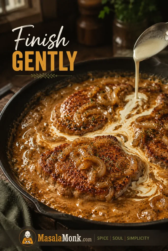 Seared pork chops gently simmering in onion gravy with small bubbles around the edge of the skillet.