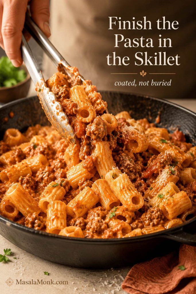 Rigatoni being tossed in a skillet with creamy tomato sauce and crumbled Italian sausage until coated and glossy.