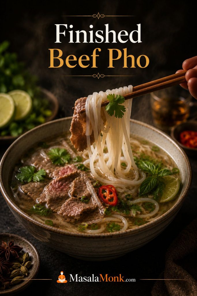 Finished beef pho bowl with chopsticks lifting flat rice noodles above sliced beef and herbs.