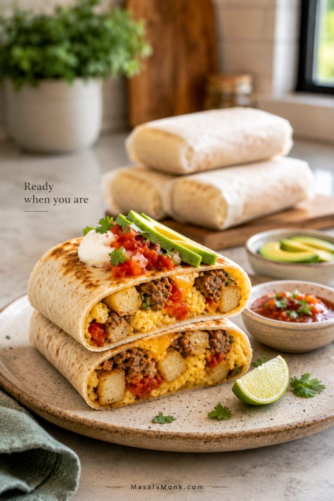 Finished freezer breakfast burrito reheated and served with salsa, avocado, cilantro, lime, and wrapped burritos in the background.
