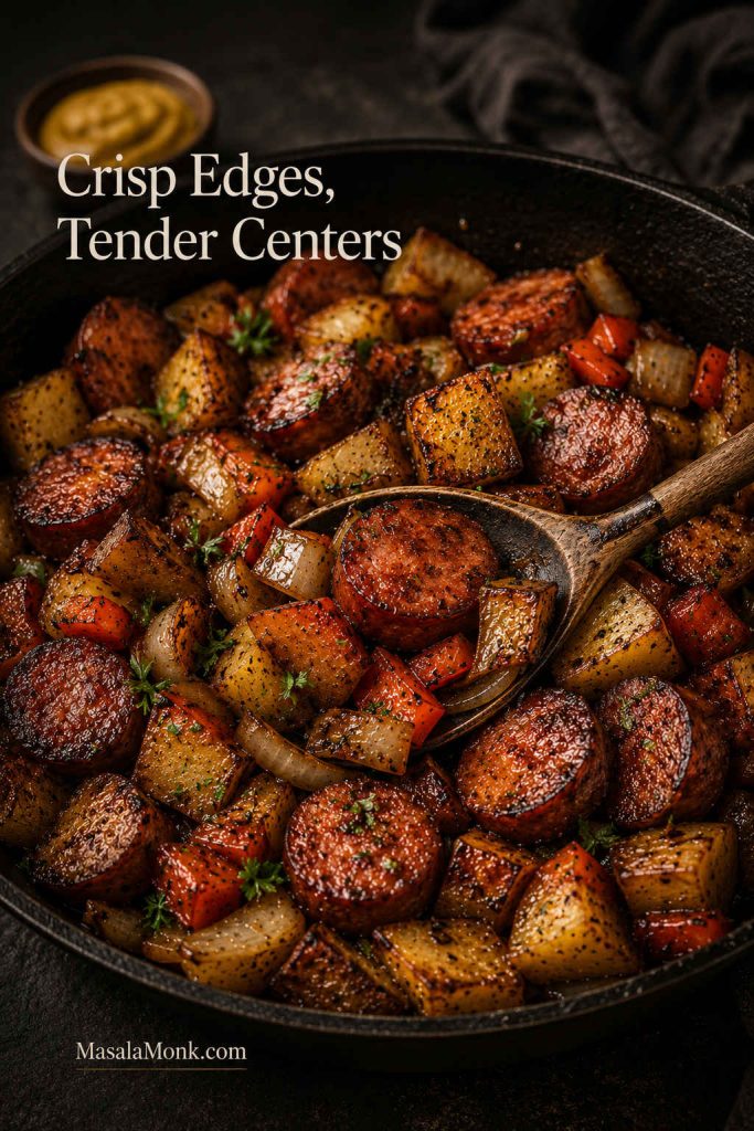 Finished skillet of browned kielbasa, golden potatoes, onions, and bell peppers with a serving spoon.