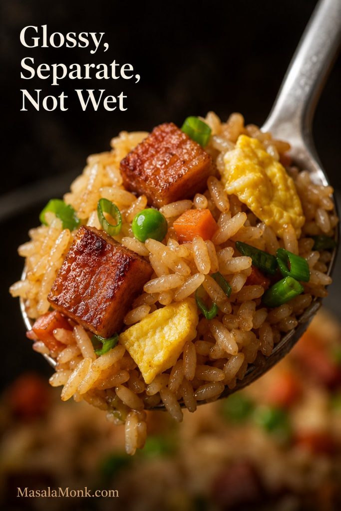 A close-up spoonful of finished fried rice with separate grains, browned Spam cubes, egg, scallions, peas, and carrots.