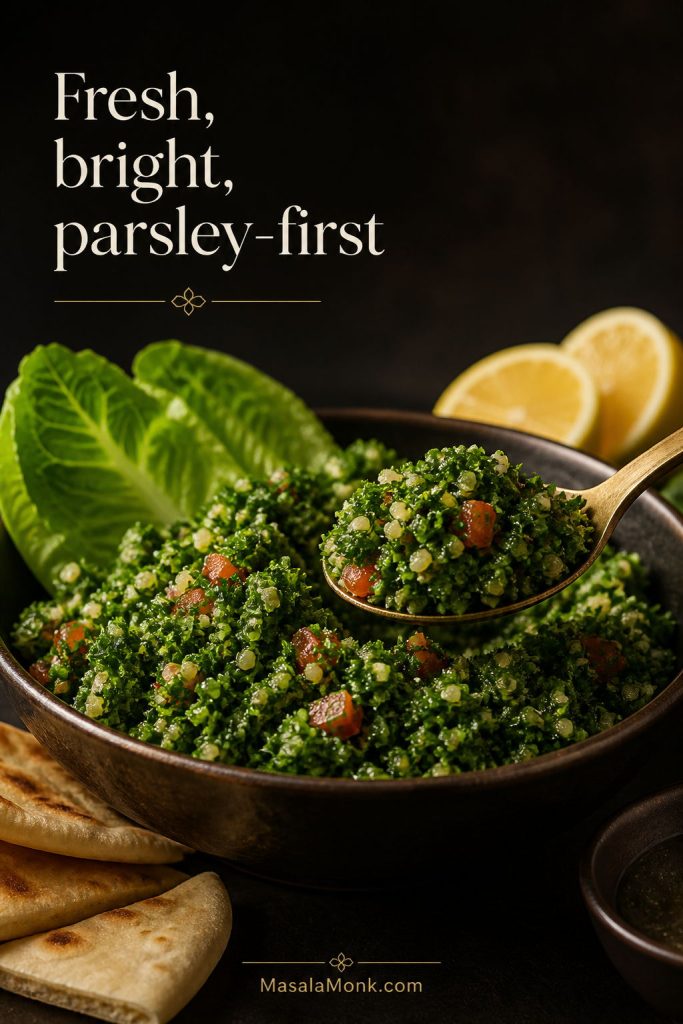 A close serving image of fresh parsley-first tabbouleh with a spoon, pita wedges, lemon, and romaine leaves.