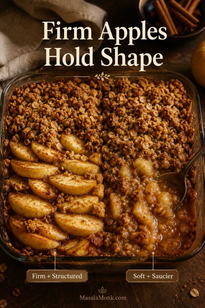 Firm apple slices holding their shape beside softer apples breaking down into saucier apple crisp filling.