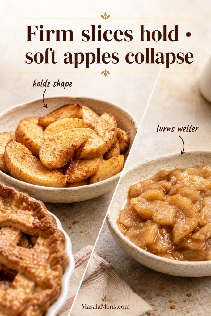 Firm apple slices holding shape compared with softer collapsed apple slices after baking.