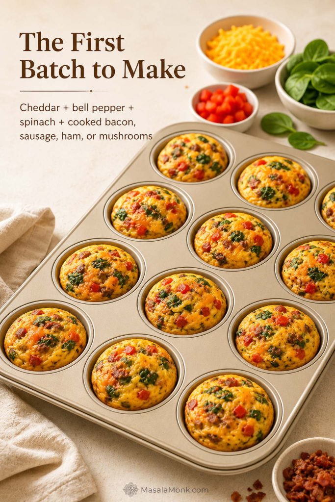 Muffin tin filled with breakfast egg muffins made with cheddar, bell pepper, cooked spinach, and cooked bacon, sausage, ham, or mushrooms.