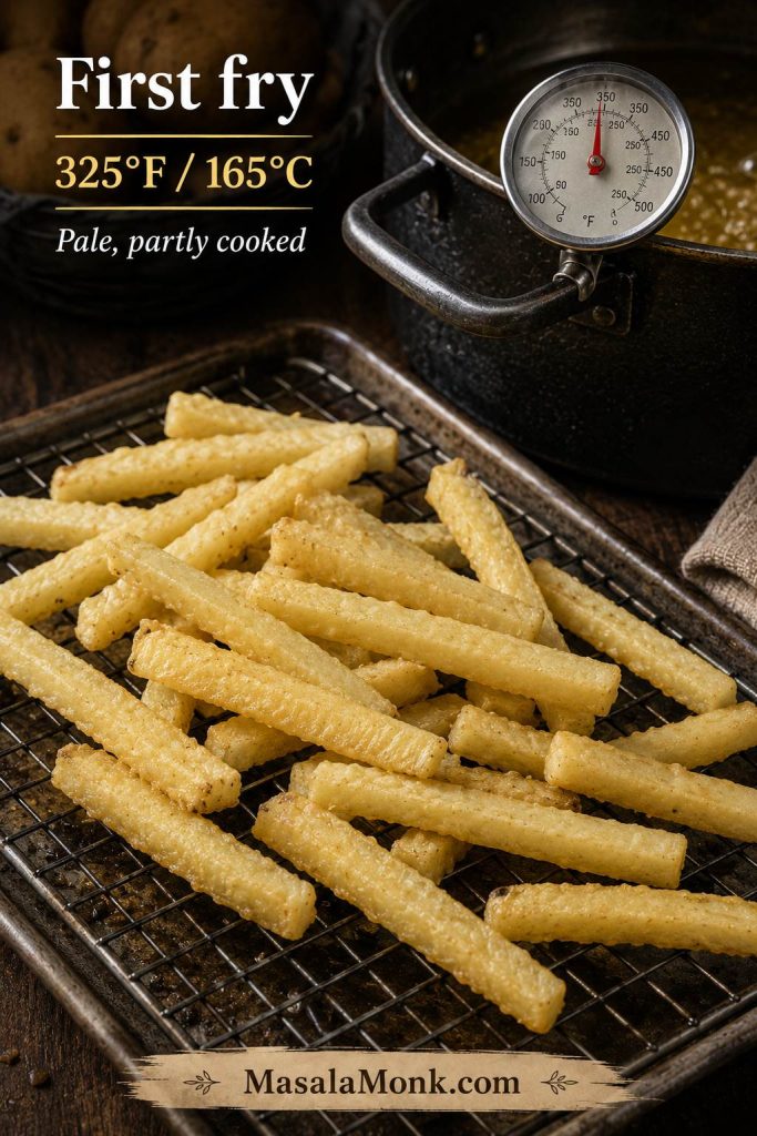 Pale first-fried potatoes resting on a wire rack beside a pot and thermometer.
