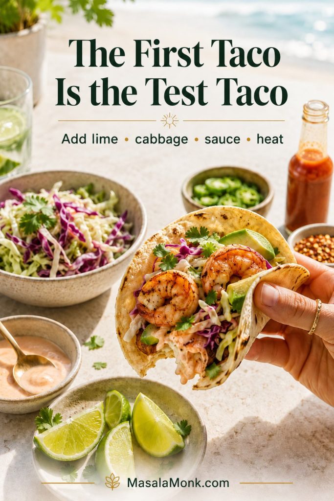 Hand holding a shrimp taco with lime, slaw, sauce, jalapeños, and hot sauce nearby for adjusting flavor