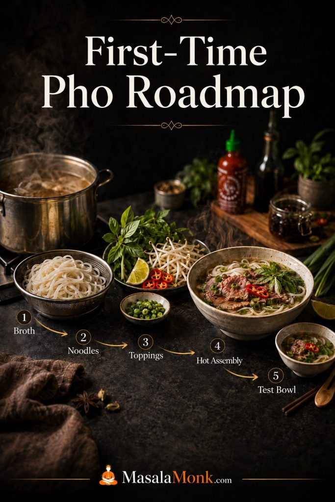 First-time pho roadmap showing broth, noodles, toppings, hot assembly, and one test bowl as the main stages.