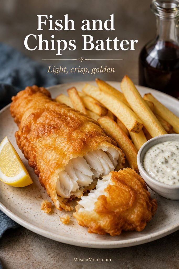 Fish and chips plate with crispy battered fish broken open, thick chips, tartar sauce, lemon, and a small vinegar bottle