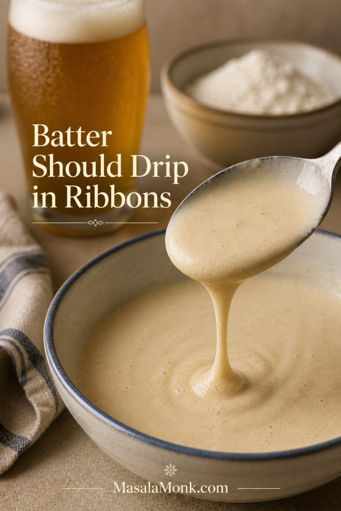 Spoon lifting fish and chips batter from a bowl with batter dripping in ribbons.