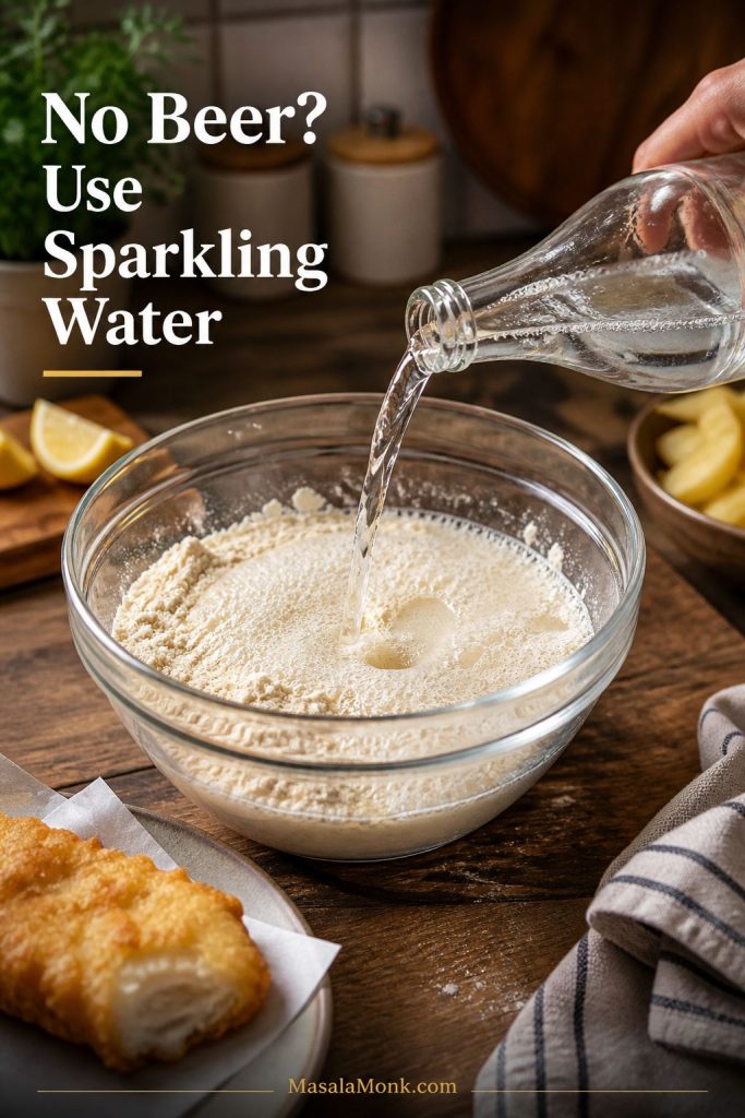 Sparkling water being poured into batter ingredients for a no-beer fish and chips batter.