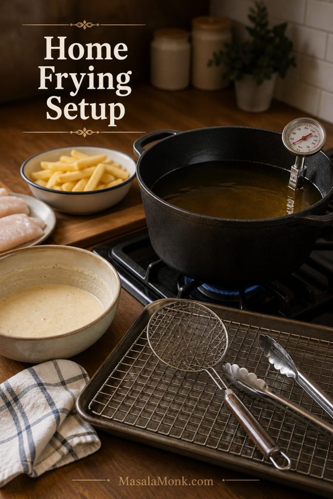 Home frying setup with a heavy pot, thermometer, wire rack, tray, skimmer, towel, and batter bowl.