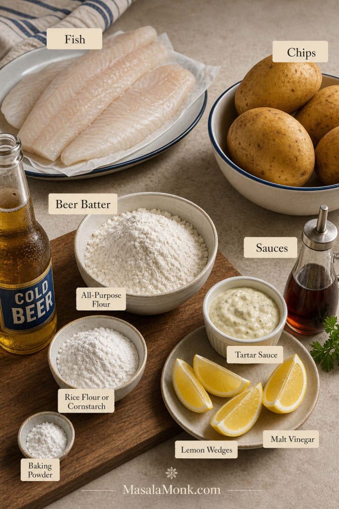 Ingredients for homemade fish and chips including white fish, potatoes, flour, starch, cold beer, lemon, tartar sauce, and malt vinegar.
