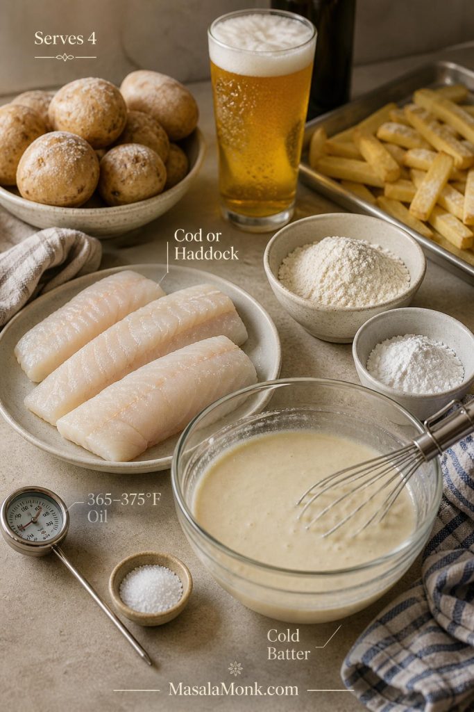 Fish and chips prep setup with cod or haddock, potatoes, cold batter ingredients, and frying temperature notes.