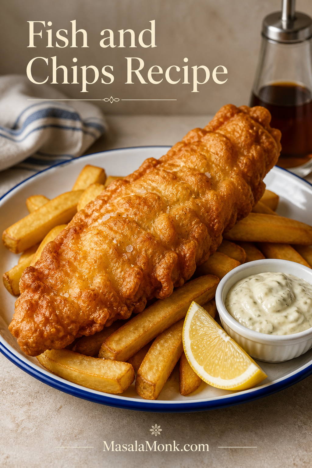 Plate of crispy beer-battered fish with thick golden chips, tartar sauce, lemon wedges, and malt vinegar.