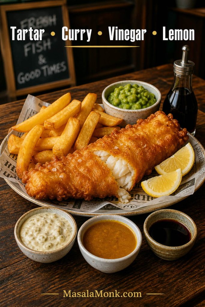 Fish and chips served with tartar sauce, curry sauce, malt vinegar, lemon, and mushy peas.