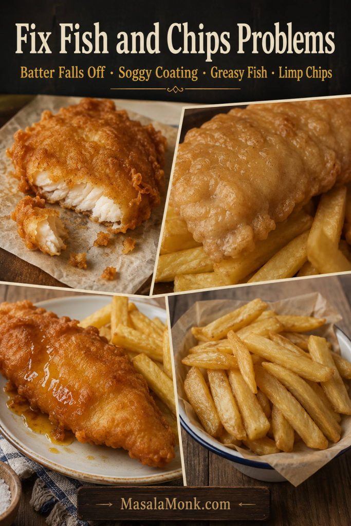 Troubleshooting guide for fish and chips showing batter falling off, soggy coating, greasy fish, and limp chips.