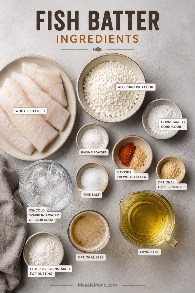 Ingredients for fish batter including white fish fillets, flour, cornstarch, baking powder, seasoning, sparkling water, beer, oil, and dusting flour