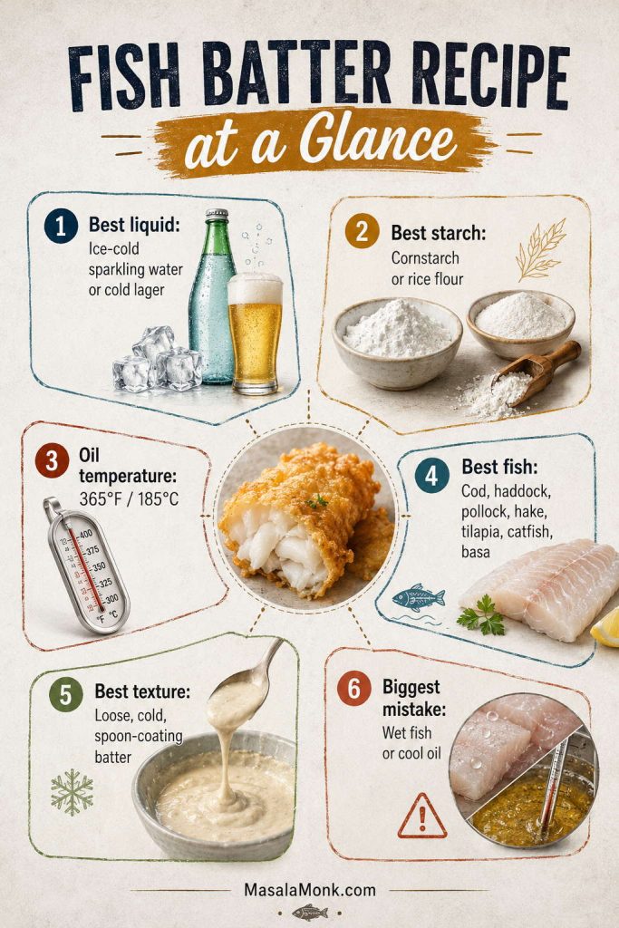Fish batter recipe summary board showing cold fizzy liquid, cornstarch or rice flour, 365°F oil, dry fish, loose batter, and cool-oil warning