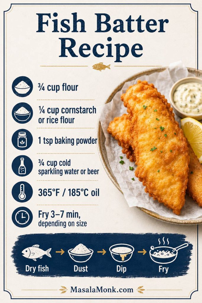 Saveable fish batter recipe card with flour, cornstarch or rice flour, baking powder, cold sparkling water or beer, 365°F oil, fry time, and dry-dust-dip-fry method