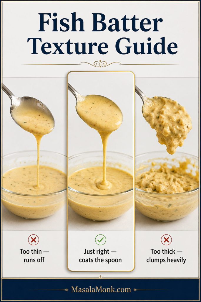 Fish batter texture guide showing too-thin batter running off, just-right batter coating a spoon, and too-thick batter clumping