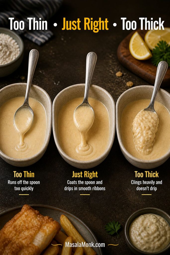 Three spoons of fish batter showing too thin, just right, and too thick consistencies.