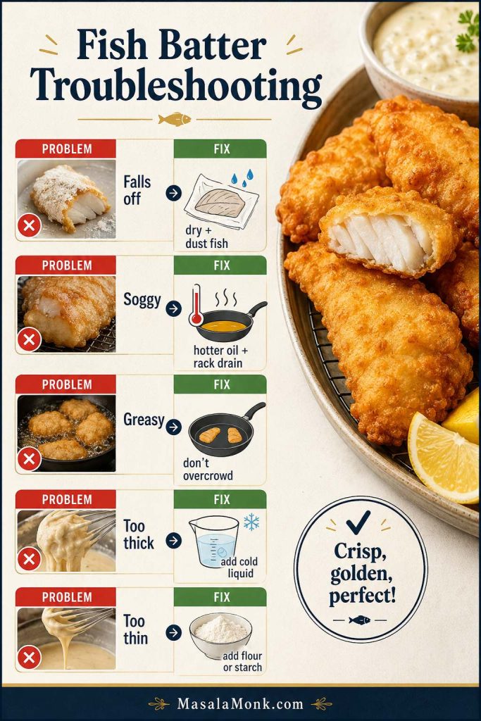 Fish batter troubleshooting board showing fixes for batter falling off, soggy coating, greasy batter, too-thick batter, and too-thin batter