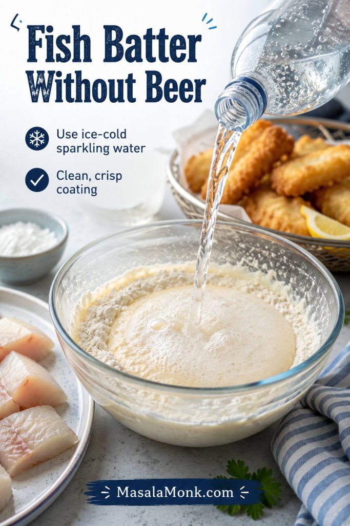 No-beer fish batter made with ice-cold sparkling water poured into a bowl, with raw fish and finished crispy fish nearby