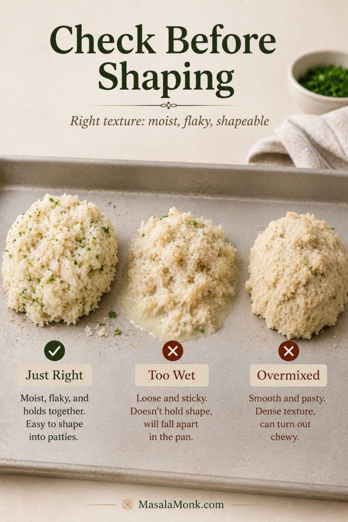 Fish cake mixture comparison showing a shapeable mixture, a wet slumping mixture, and an overmixed paste
