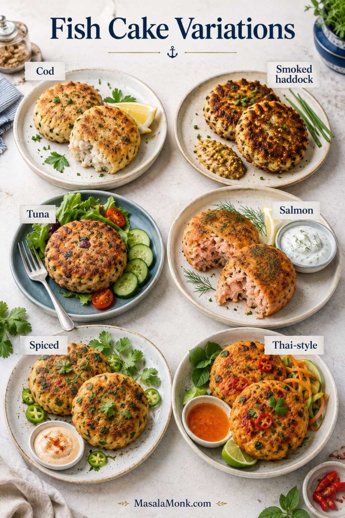 Fish cake variations showing cod, smoked haddock, tuna, salmon, spiced, and Thai-style fish cakes with different garnishes and sauces