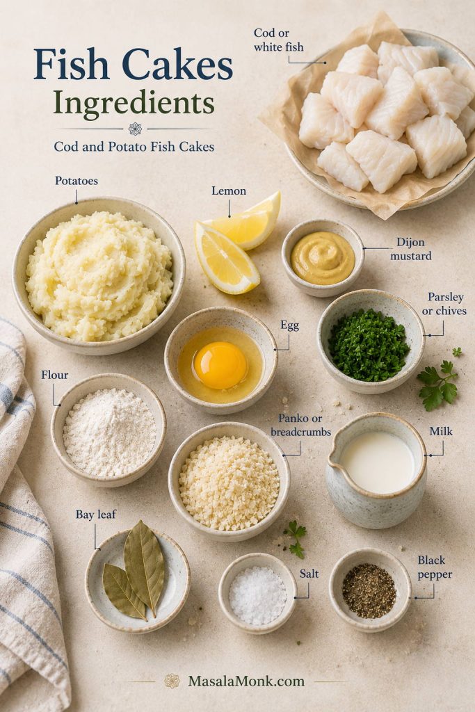 Ingredients for cod and potato fish cakes including white fish, potatoes, egg, lemon, herbs, mustard, milk, flour, and breadcrumbs