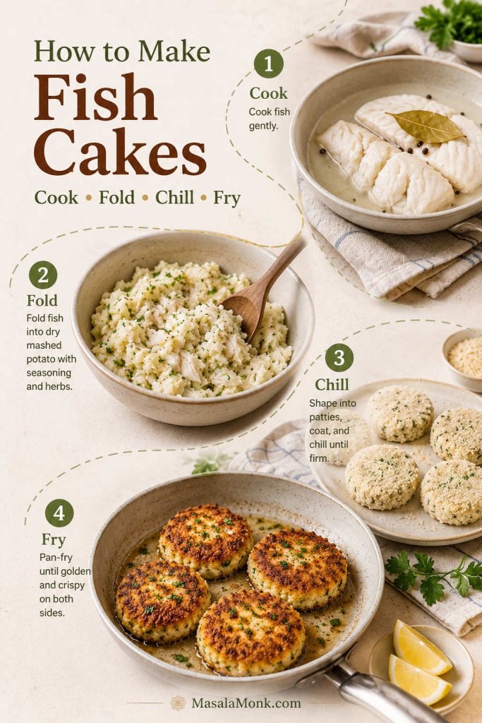 Four-step guide showing fish being cooked, folded with potato, chilled and coated, then pan-fried into crispy fish cakes
