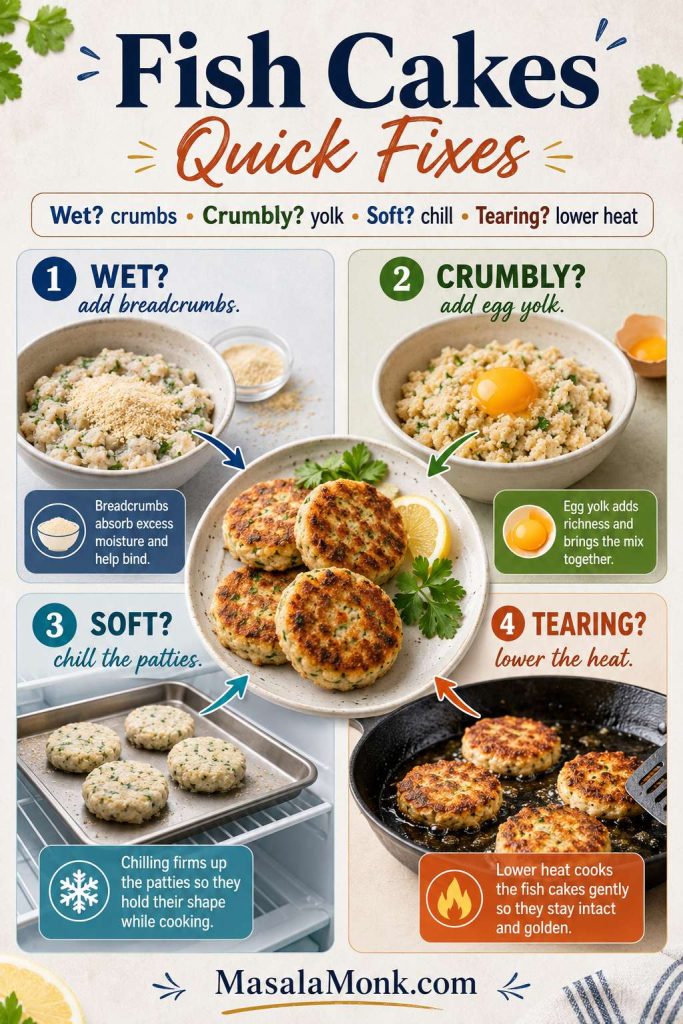 Quick fixes board for fish cakes showing breadcrumbs for wet mixture, egg yolk for crumbly mixture, chilling for soft patties, and lower heat for tearing