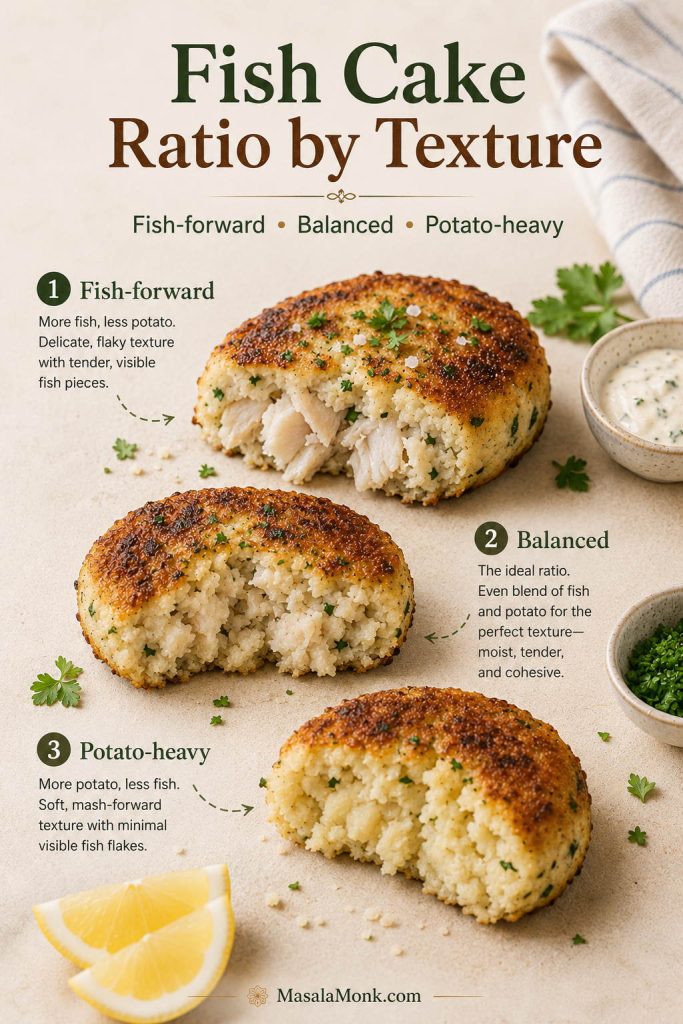 Three fish cakes showing fish-forward, balanced, and potato-heavy textures with different amounts of fish and potato