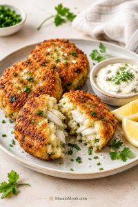 Crispy cod and potato fish cakes on a plate with lemon wedges, herbs, sauce, and one cake cut open to show the flaky filling