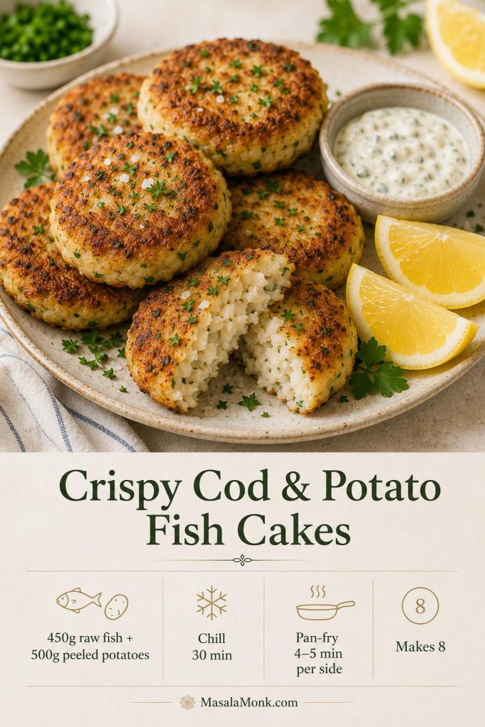 Saveable recipe card for crispy cod and potato fish cakes with ratio, chill time, pan-fry time, and finished fish cakes