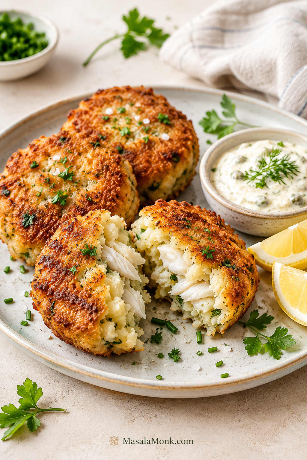 Crispy cod and potato fish cakes on a plate with lemon wedges, herbs, sauce, and one cake cut open to show the flaky filling
