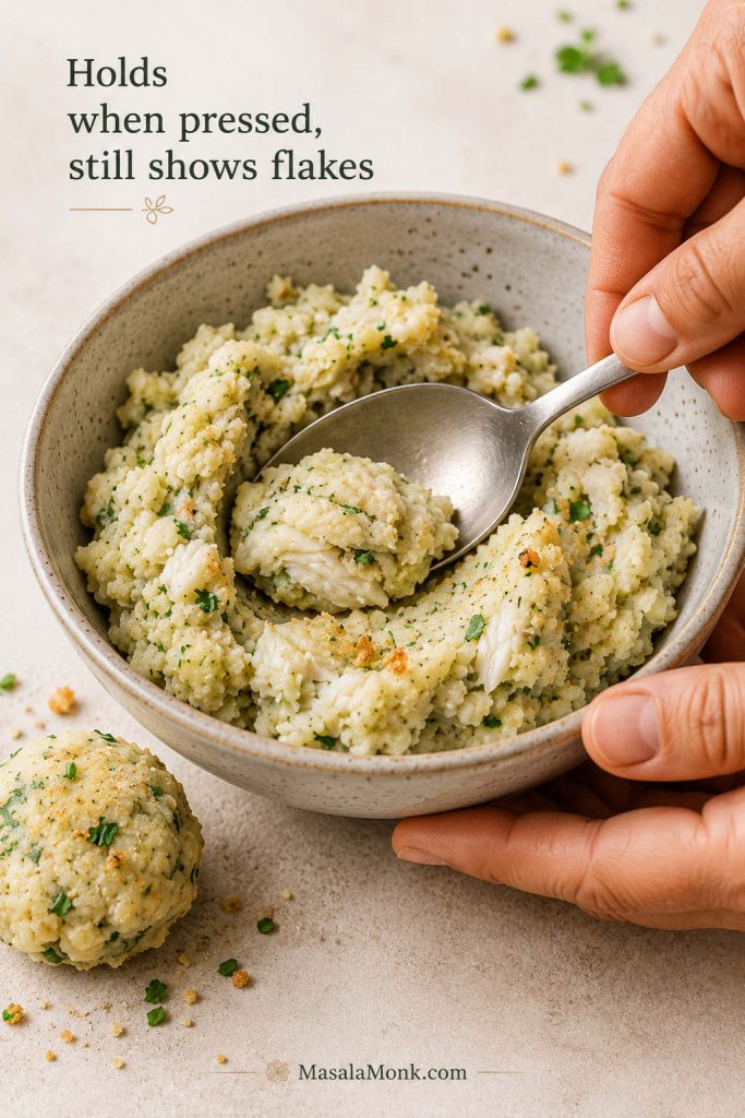 Fish cake mixture being pressed together by hand, with visible fish flakes, potato, herbs, and crumbs in a mixing bowl
