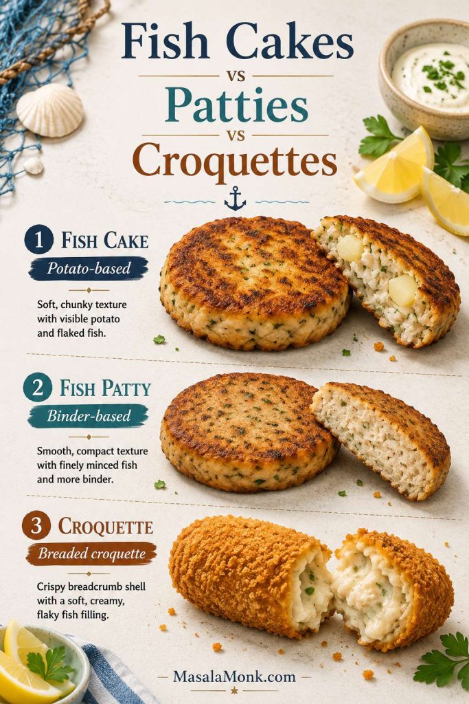 Comparison of a potato-based fish cake, binder-based fish patty, and breaded croquette with cut-open interiors