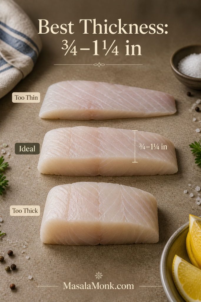 Fish thickness guide showing white fish portions that are too thin, ideal thickness, and too thick for fish and chips.