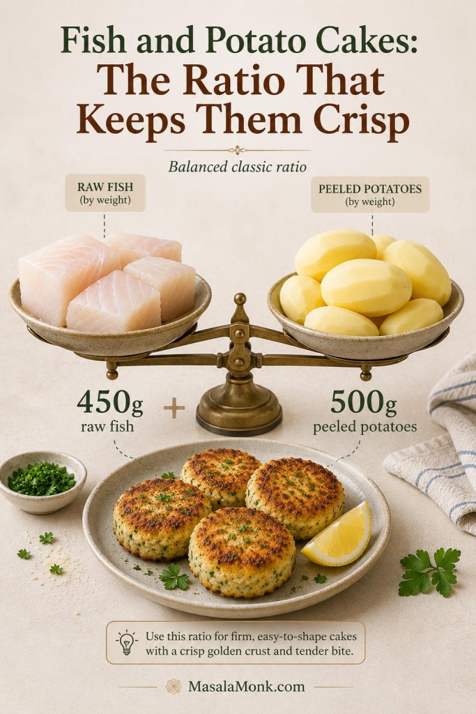 Raw white fish, peeled potatoes, and finished fish cakes showing a ratio of 450 grams raw fish to 500 grams peeled potatoes