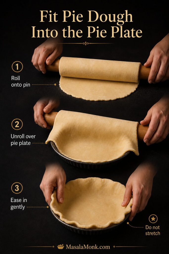 Three-step guide showing pie dough rolled onto a pin, unrolled over a pie plate, and gently eased into the dish without stretching.
