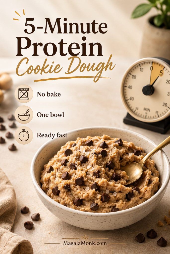 One-bowl five-minute no-bake protein cookie dough with a timer, spoon, and thick chocolate chip dough