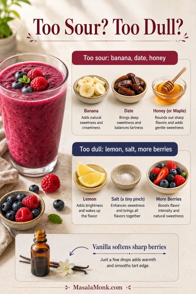 Flavor repair guide for berry smoothies showing banana, dates, honey, vanilla, lemon, salt, and extra berries.