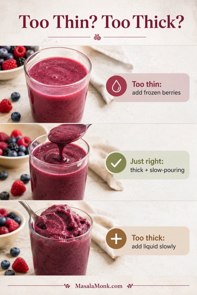 Texture repair guide showing a thin berry smoothie, a thick slow-pouring smoothie, and an overly thick smoothie.