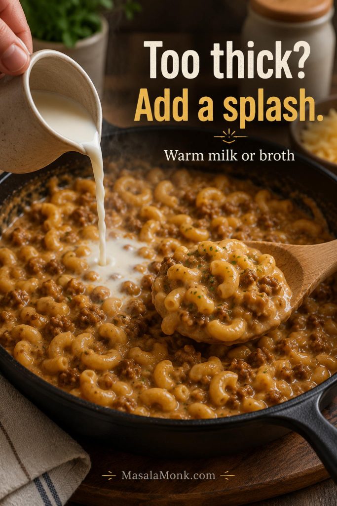 Warm milk or broth being poured into thick homemade Hamburger Helper to loosen the sauce in a skillet.