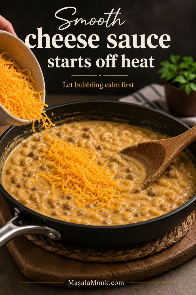 Cheddar being added off heat to homemade Hamburger Helper in a skillet on a trivet for a smoother cheese sauce.