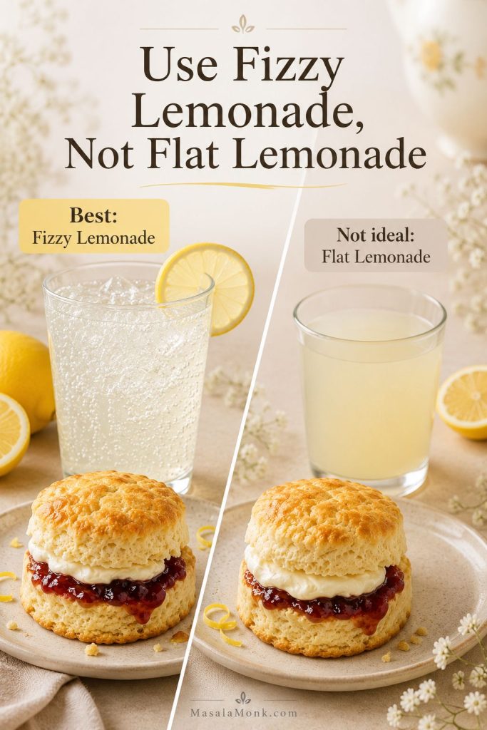 Comparison image showing fizzy lemonade on one side and flat homemade lemonade on the other for use in scones.